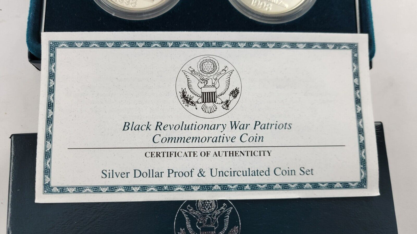 1998 S Black Revolutionary War Patriots Commemorative 2pc Silver Dollar Coin Set