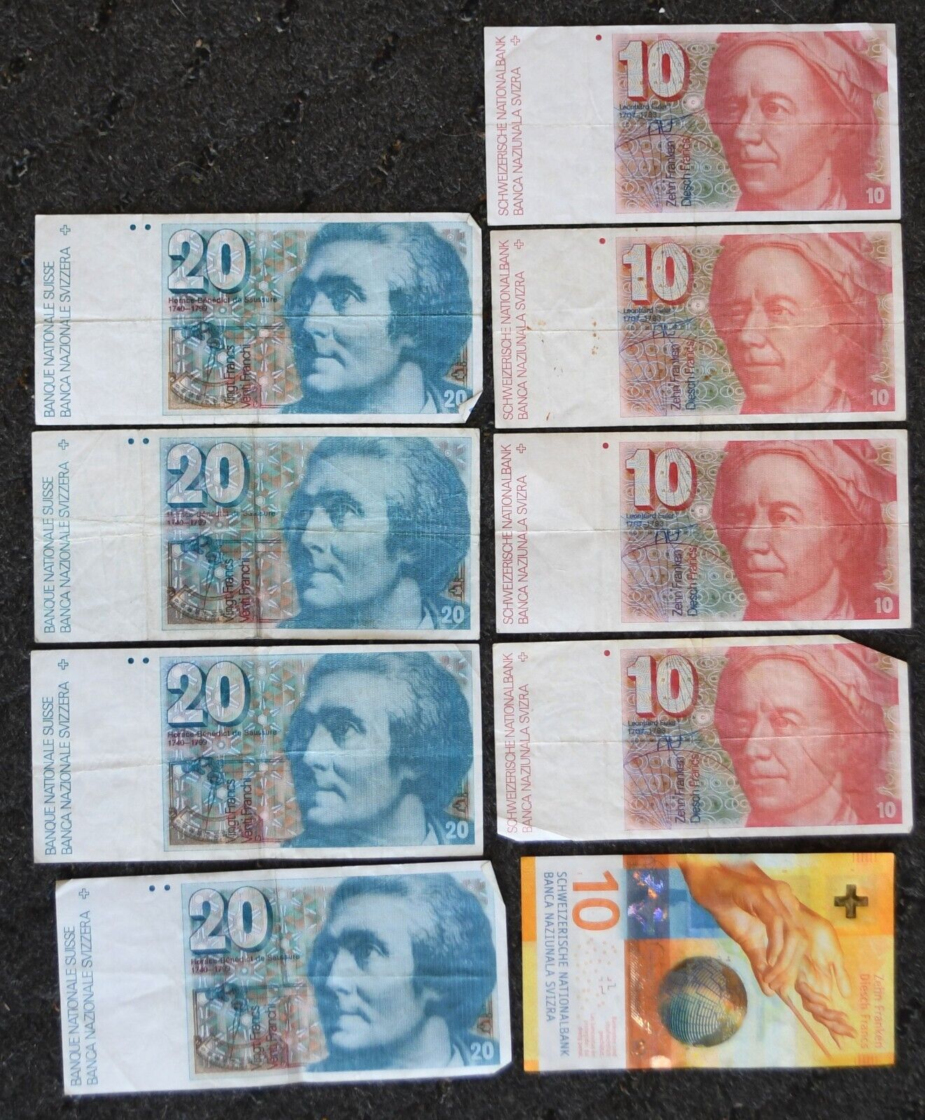 9-  Switzerland 10 Ten 20 Twenty Franken Banknotes 130 Francs Total