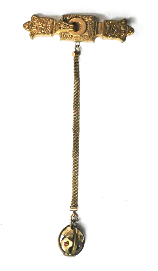Antique Gold Filled 56mm Ornate Brooch & Long 4" Dangle Red Crystal