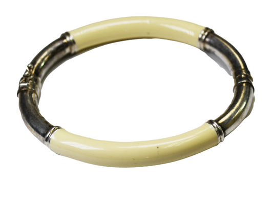 Sterling Silver Milor Ivory Enamel Hinged Bangle Bracelet 7mm 6-3/4" Wrist