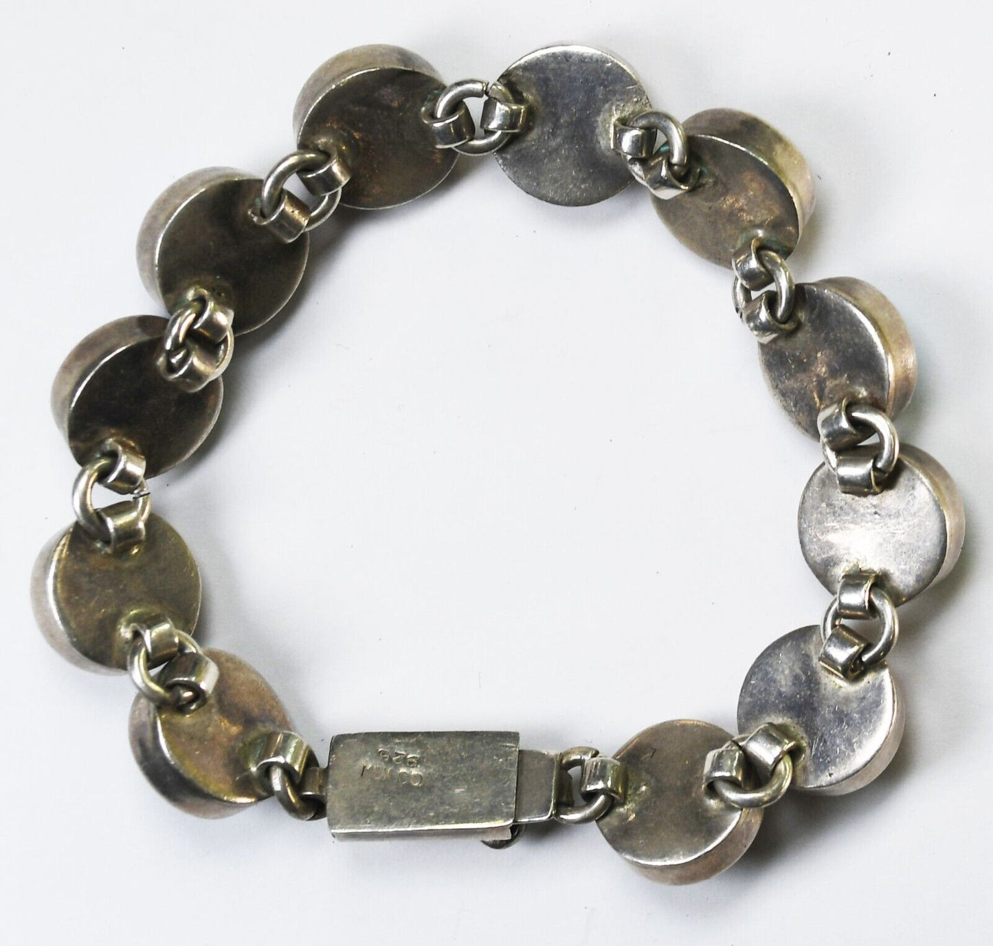 Sterling Silver Mexico Multi Stone Round Link Bracelet 13mm 7.25"