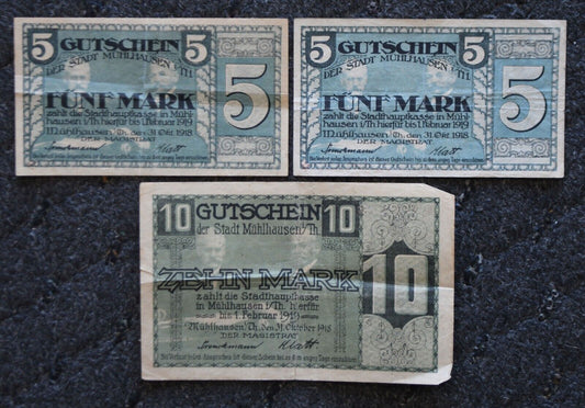 1918 Germany Notgeld 5 & 10 Mark Muhlhausen Notes