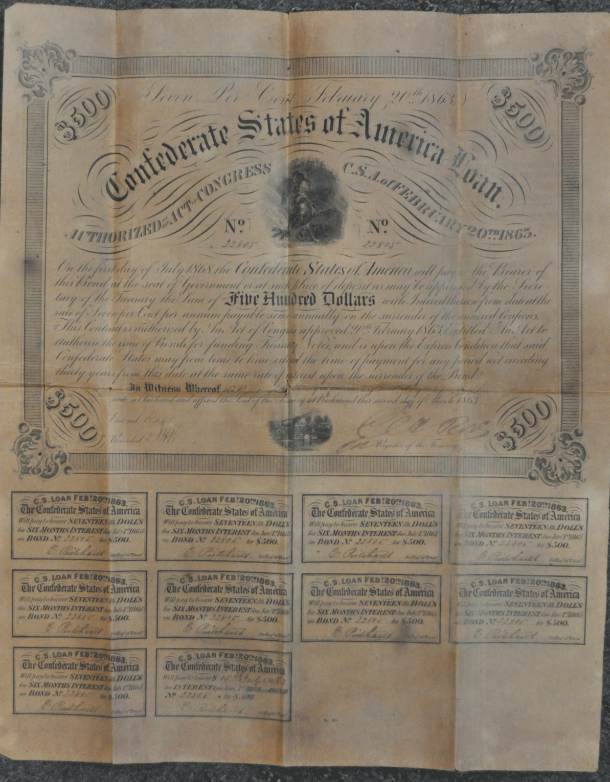 1863 $500 Five Hundred Confederate States of America Loan Charles Rose