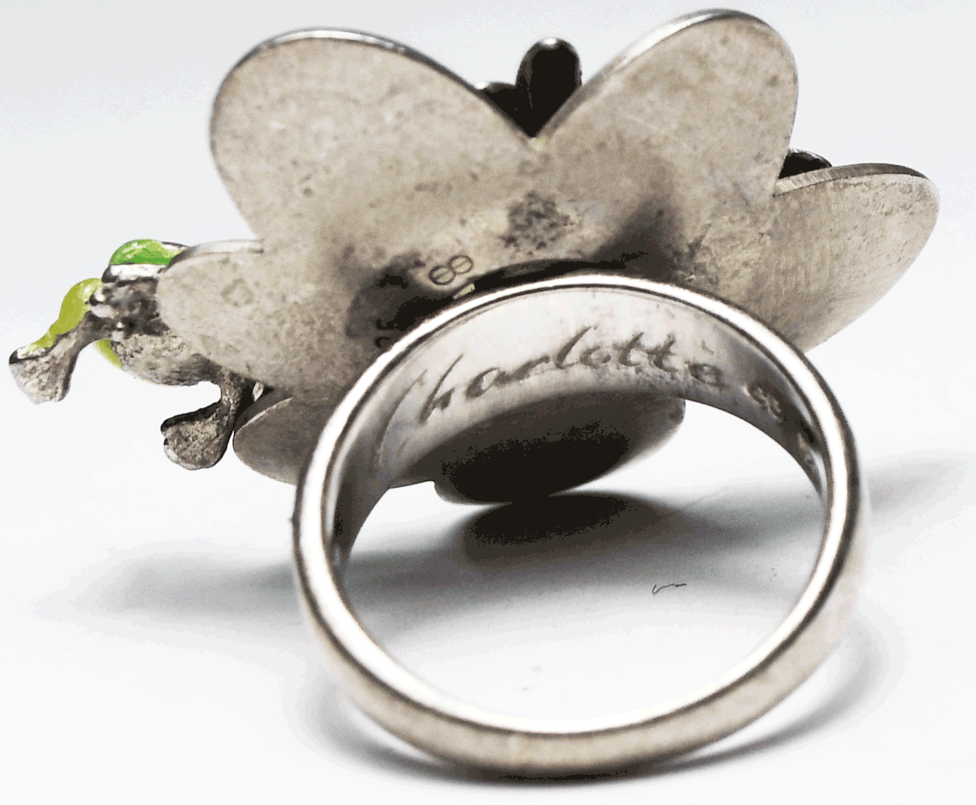 Sterling Silver Charlotte Lily Pad Frog Enamel Ring 27mm Size 5-3/4