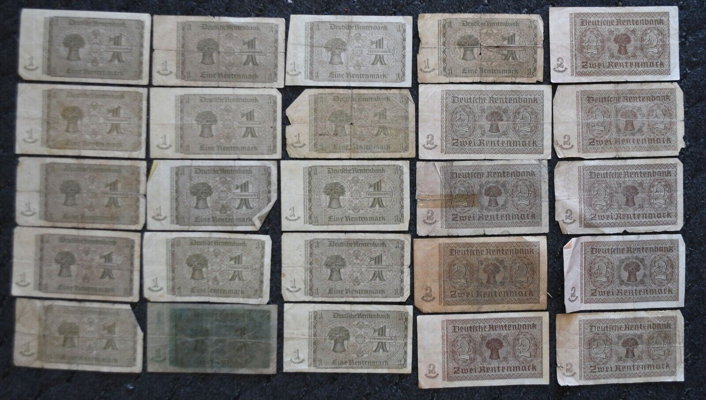 25- 1937 Germany 1 & 2 Rentenmark Notes Rentenbankfchein