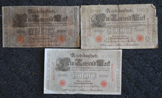 3-  1910 Germany 1,000 One Thousand Mark Reichsbanknotes