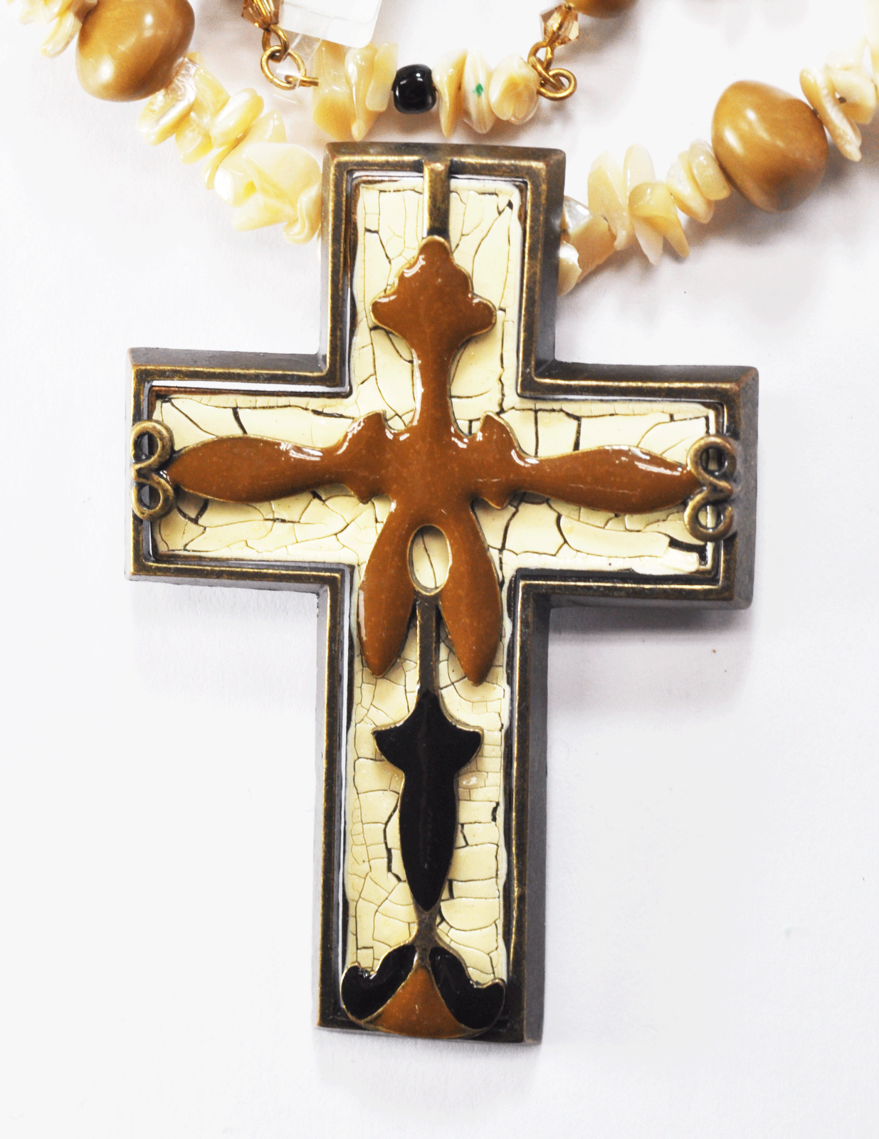 Sterling Gold Plated MOP Jasper 12mm Bead Necklace 3-1/8" Bronze Enamel Cross