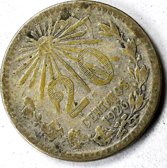 1926 Mexico Estados Unidos Mexicanos 20 Twenty Centavos Silver Coin KM# 438