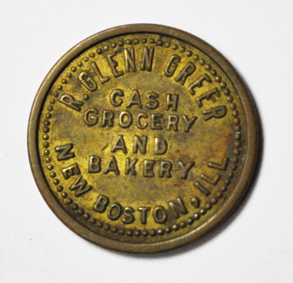 R Glenn Greer Cash Grocery Bakery R Glenn Greer New Boston Ill 5c Trade Token
