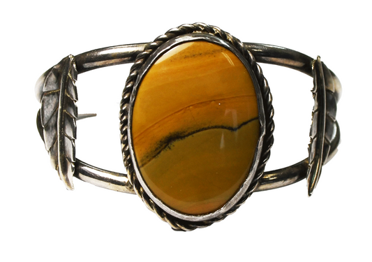 Sterling Silver Oval Jasper Leaf Edge Cuff 34mm Cuff Bracelet 5-3/4" Wrist
