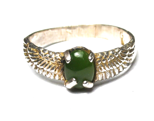 Sterling Silver Oval Green Jade Eagles Wings Ring 9mm Size 13