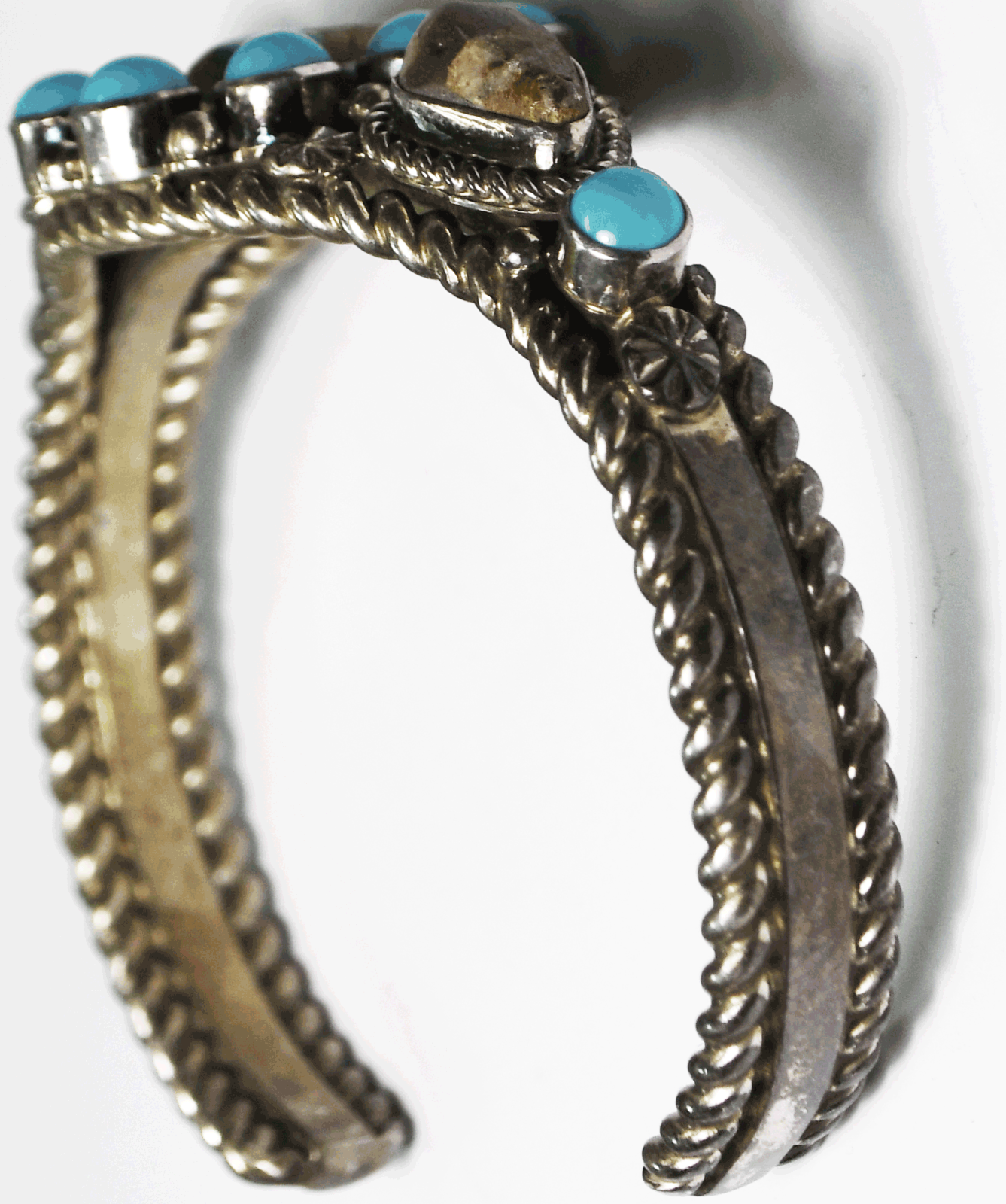 Sterling Signed JL Turquoise Cluster Jasper Cuff Bracelet 26mm 6-3/4" Wrist