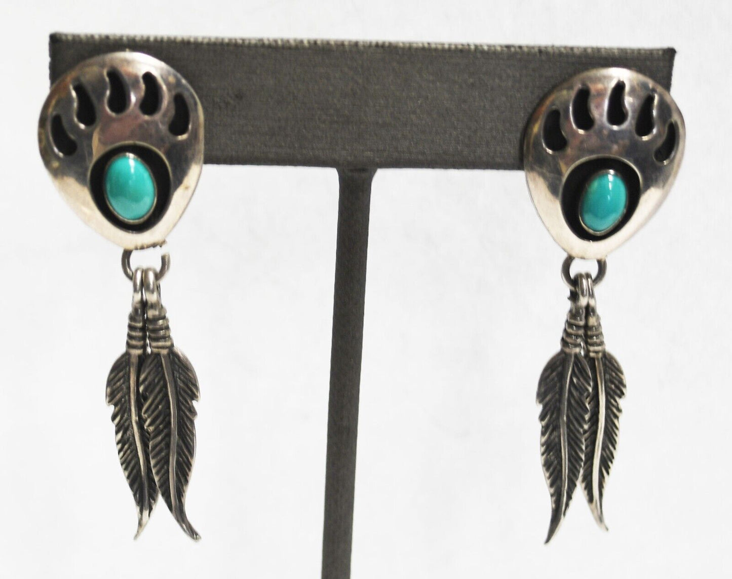 Sterling Turquoise Shadow Box Bear Claw Feather Dangle Earrings 17mm x 55mm