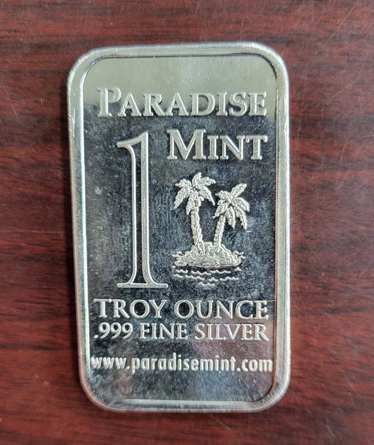 Vintage Paradise Mint Palm Trees Island  Ingot Bar 1oz .999 Fine Silver