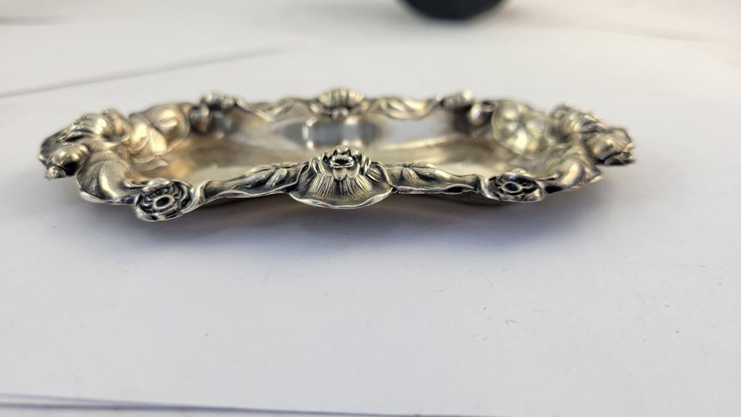 International Sterling Silver 5 1/4"  Repousse Floral Cigarette Ashtray 1.1oz.