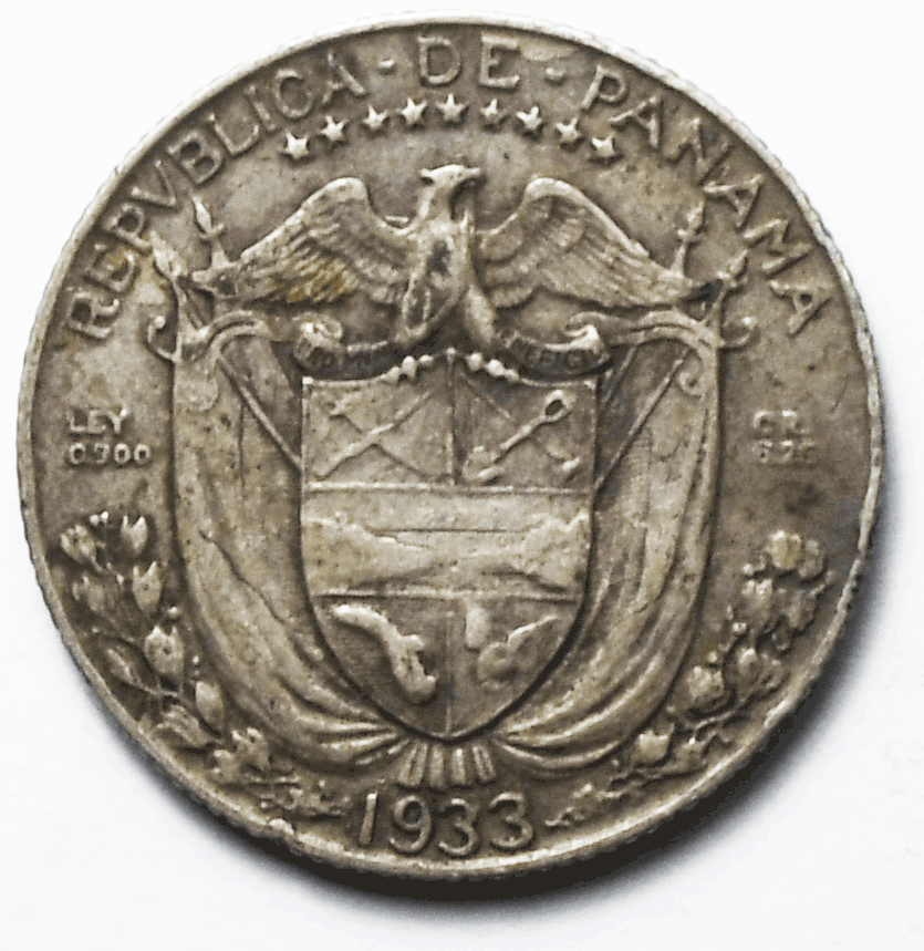 1933 Panama 1/4 Quarter Balboa Silver Coin KM# 11.1