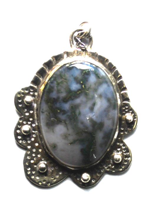 Sterling Silver Oval Moss Agate Pendant 37mm x 28mm