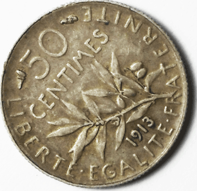 1913 France 50 Centimes Silver Coin KM# 854