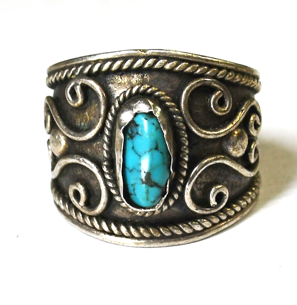 Sterling Silver Turquoise Scroll Ring 18mm Size 6.5