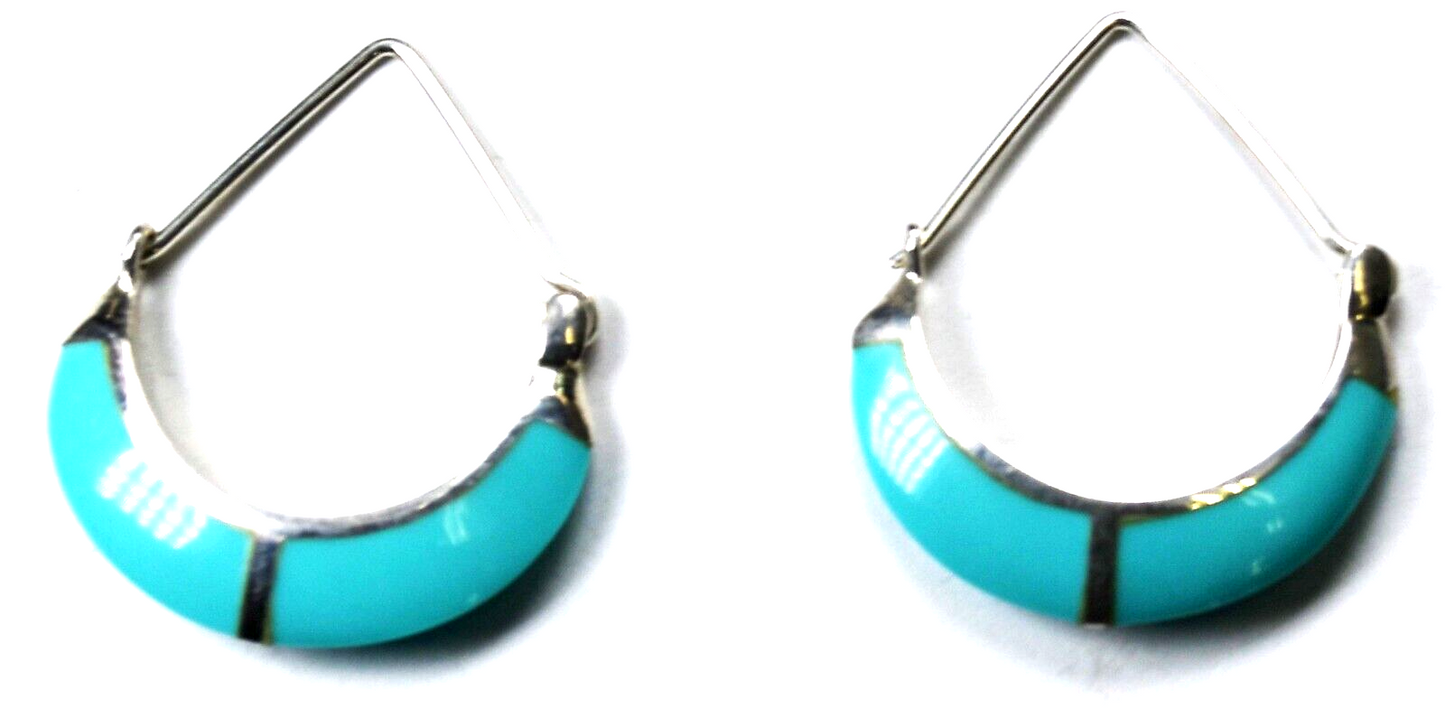Sterling Silver Blue Plastic Faux Turquoise Inlay Hoop Earrings 28mm x 5mm