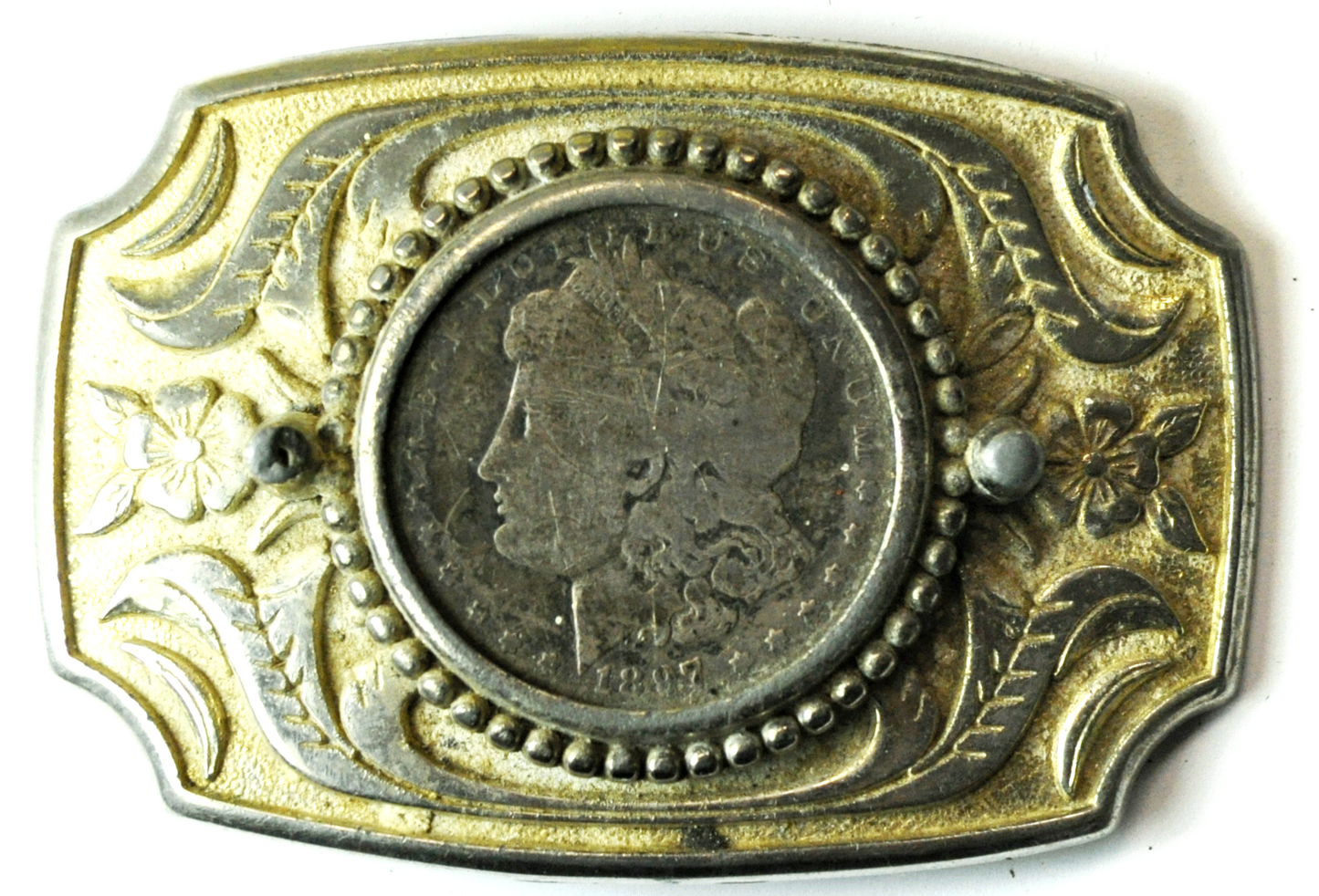 1897 Morgan Silver $1 US Belt Buckle Floral 3-3/4" x 2-1/2"  45mm Belt