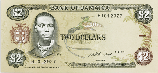 1993 Jamaica $2 Two Dollars Banknote Uncirculated HT012927