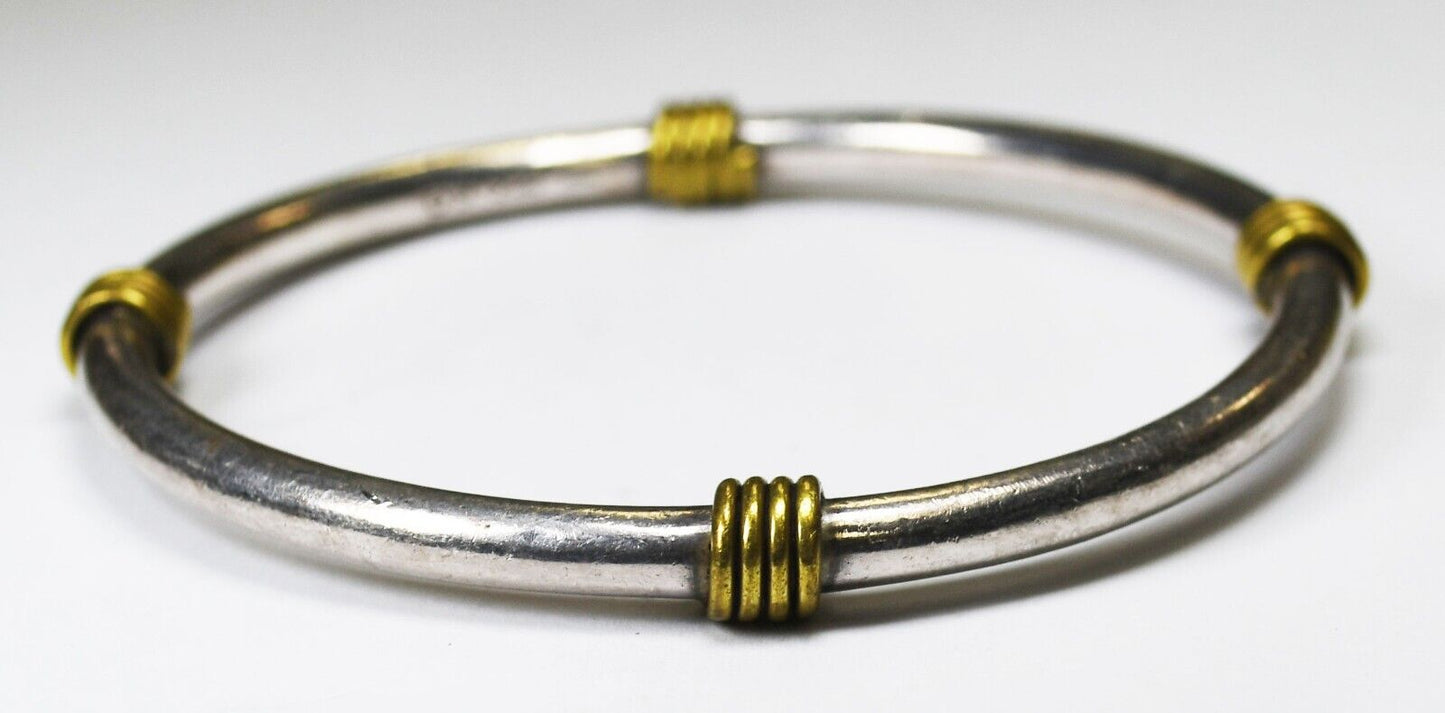 Sterling Silver Mexico 4mm Bar Bangle Brass Twists 2 Tone Medium Bracelet