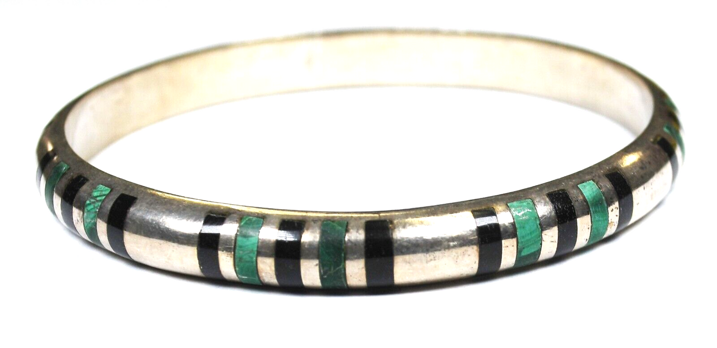 Plata 970 Silver Medium Onyx Malachite Stripe Bangle Bracelet 8mm