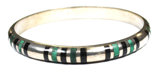 Plata 970 Silver Medium Onyx Malachite Stripe Bangle Bracelet 8mm