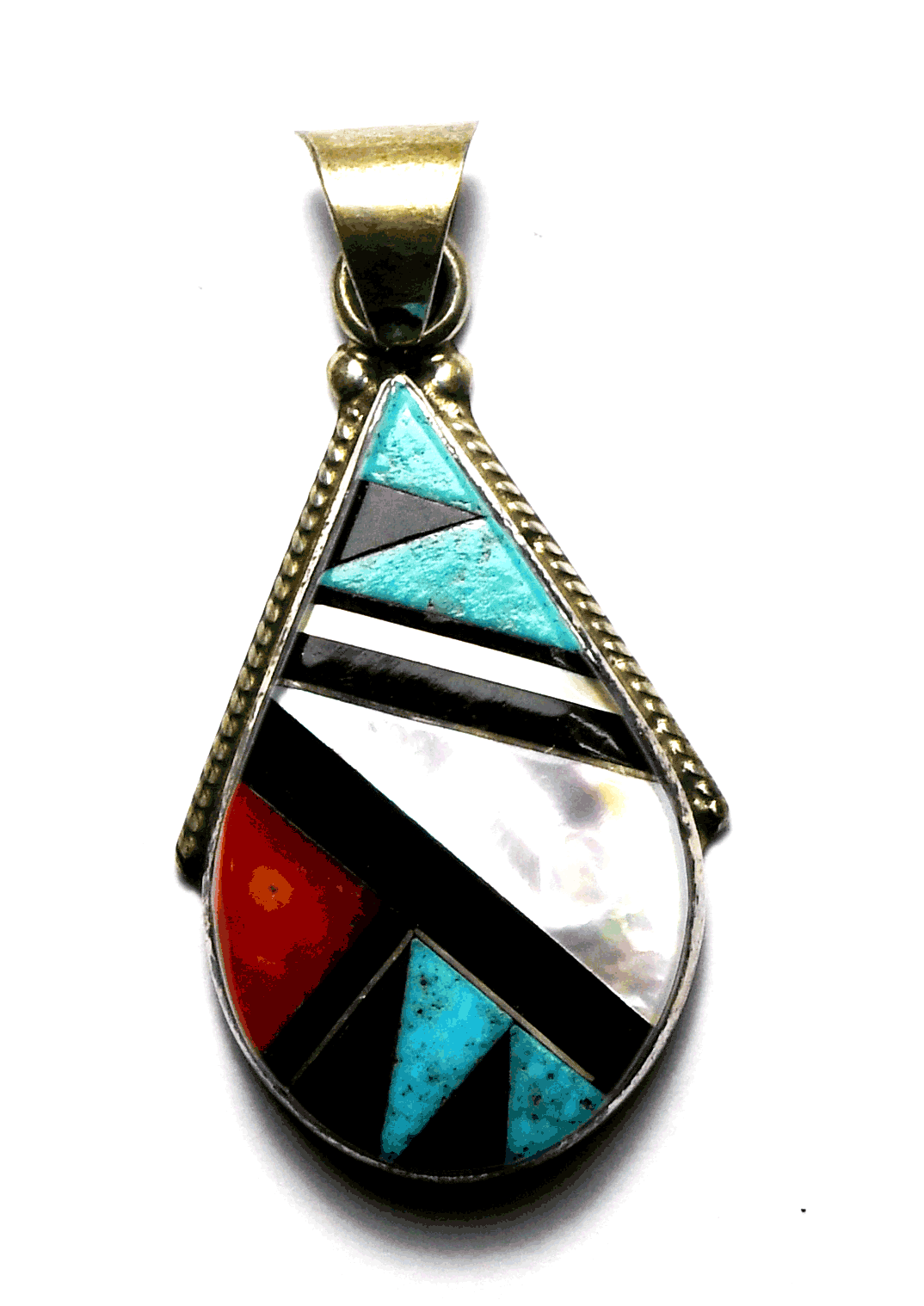 Sterling Silver Cleo Kallestewa Zuni Inlay Teardrop Pendant 35mm x 17mm