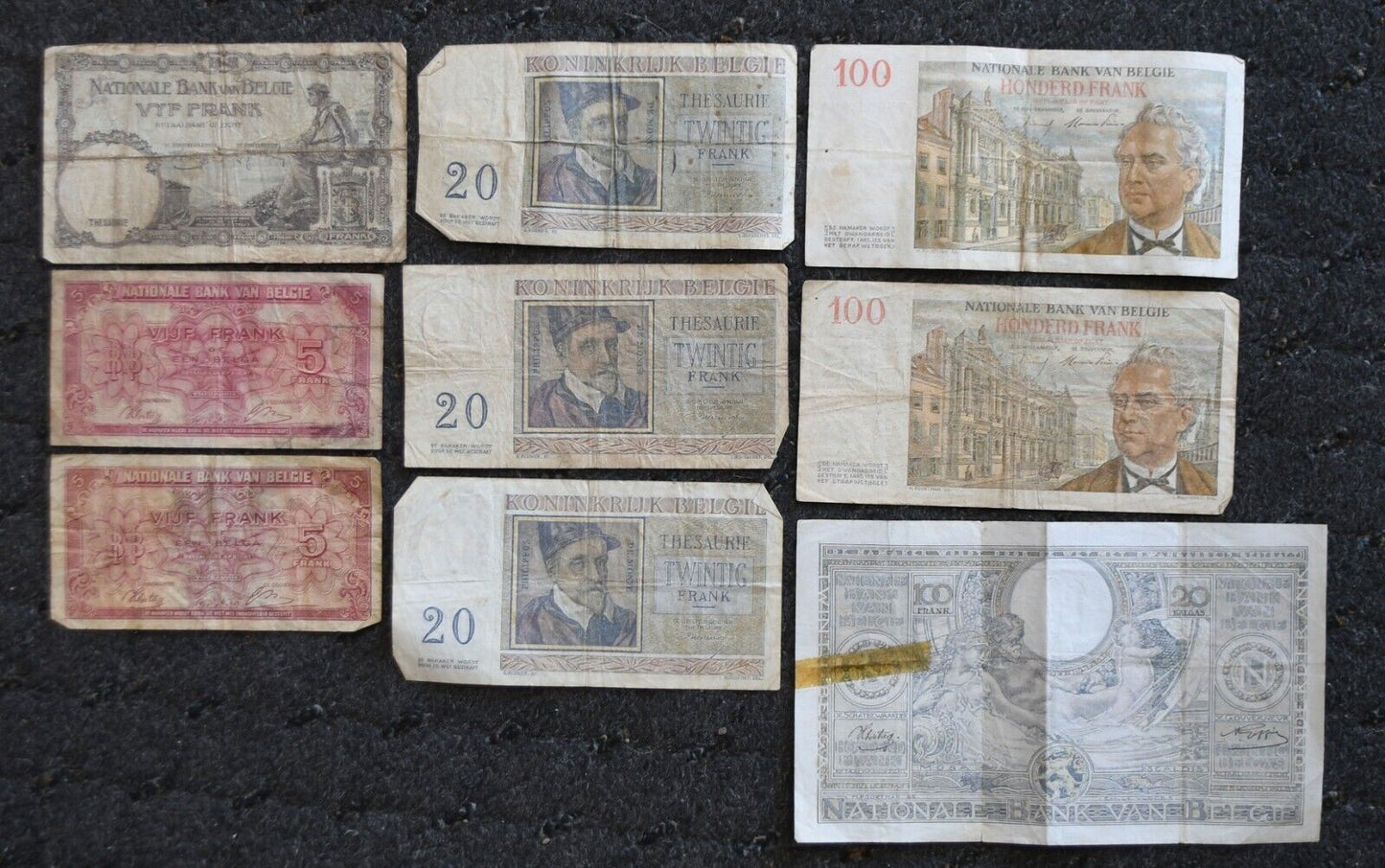 9- Belgium Banknotes 5 20 & 100 Belgas 1938-57
