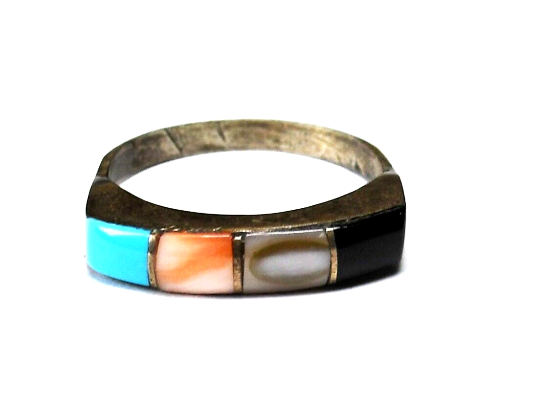 Sterling Silver Vintage Inlay Turquoise MOP Onyx Band 3.5mm Ring Size 4-3/4
