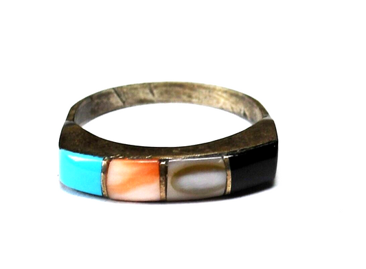 Sterling Silver Vintage Inlay Turquoise MOP Onyx Band 3.5mm Ring Size 4-3/4