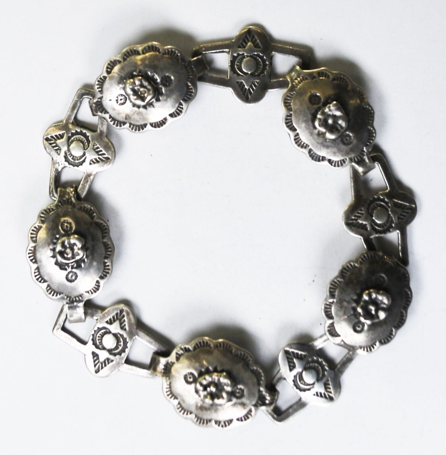 Sterling Antique Sand Cast Concho Etched Flower Bracelet 16mm 7-3/4"