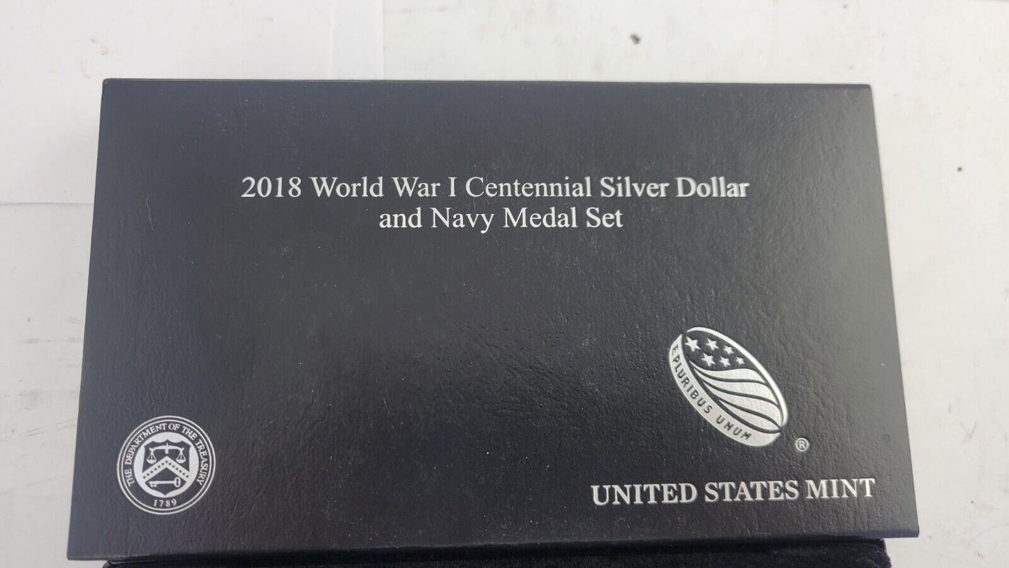 2018 World War I Centennial P Silver Dollar and Navy Medal Proof Set Boxed