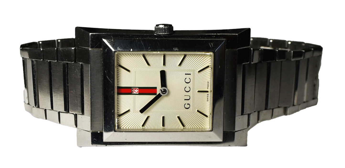 Men's Gucci 111m Silver Sunburst Dial Date 30mm Stainless 7" Wrist Rectangle