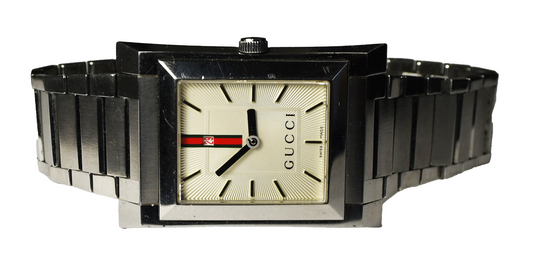 Men's Gucci 111m Silver Sunburst Dial Date 30mm Stainless 7" Wrist Rectangle