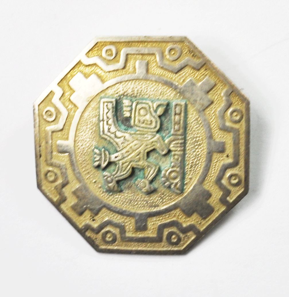 Sterling Silver Aztec Octagon Embossed Brooch Pin GC Signed 29mm