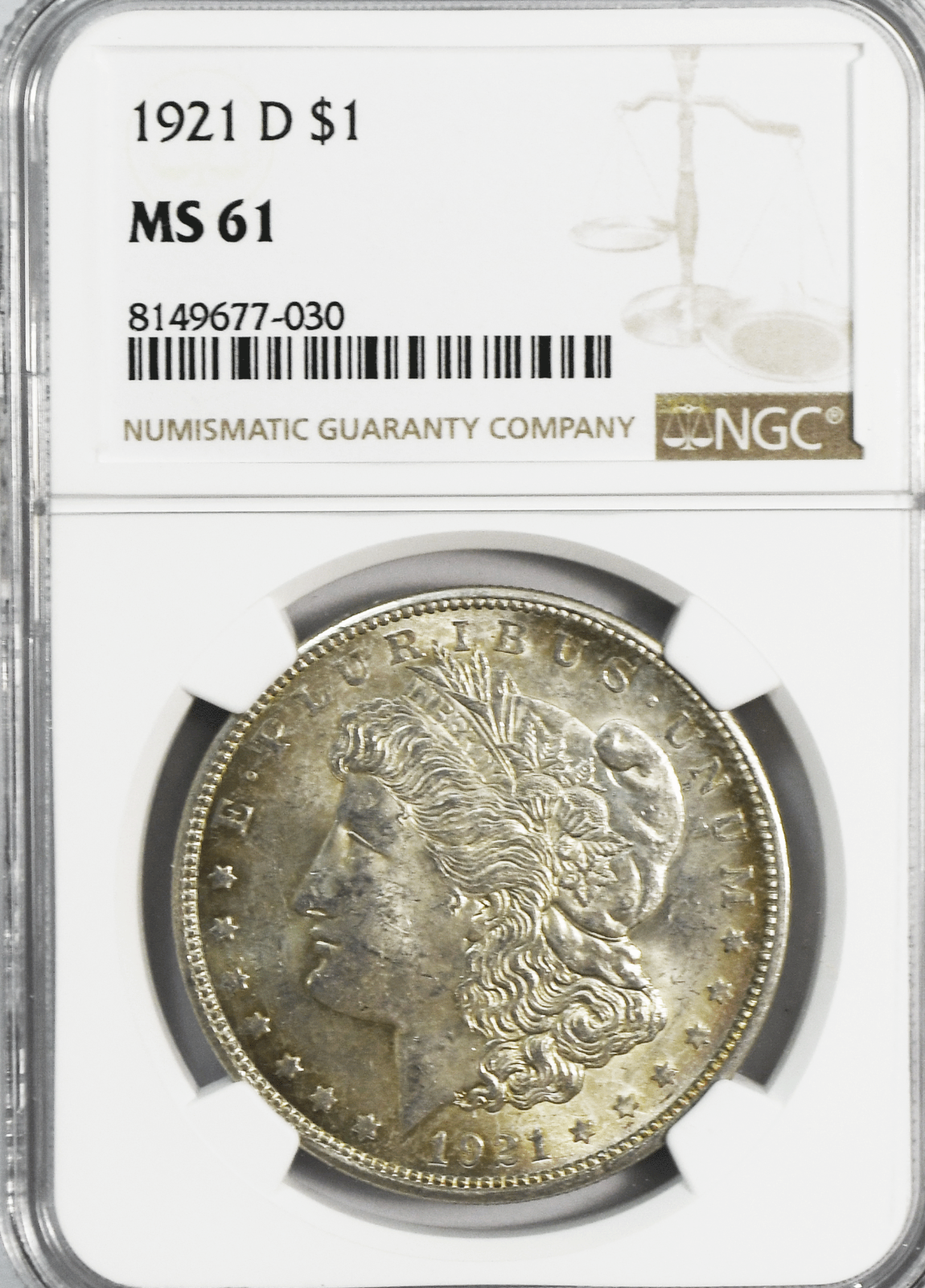 1921 D $1 Morgan Silver One Dollar NGC MS61 Denver Rainbow Reverse