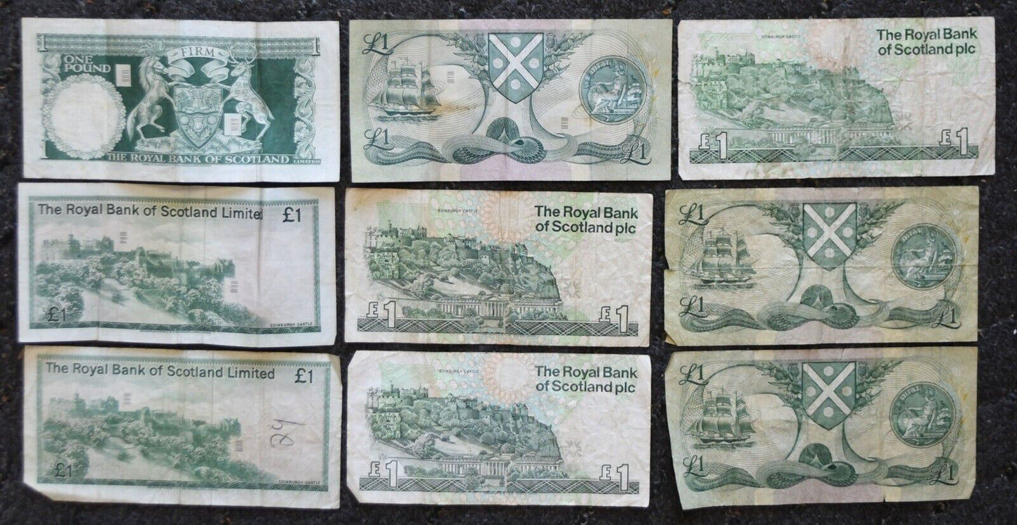 9 Royal Bank of Scotland One Pound Banknotes 1972-1992