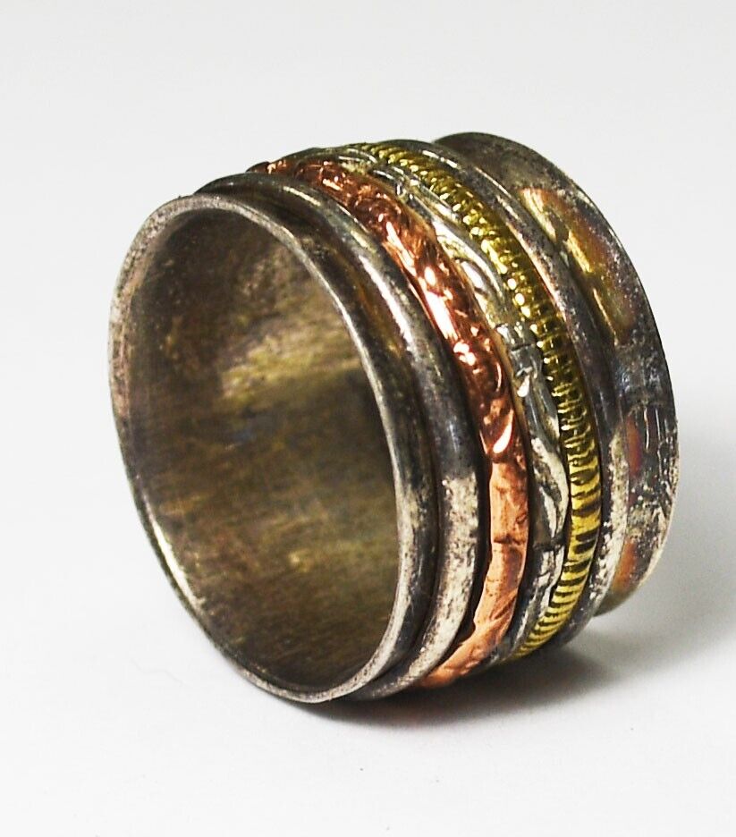 Sterling Silver Hammered 5 Spinner Band Ring 14mm Size 9