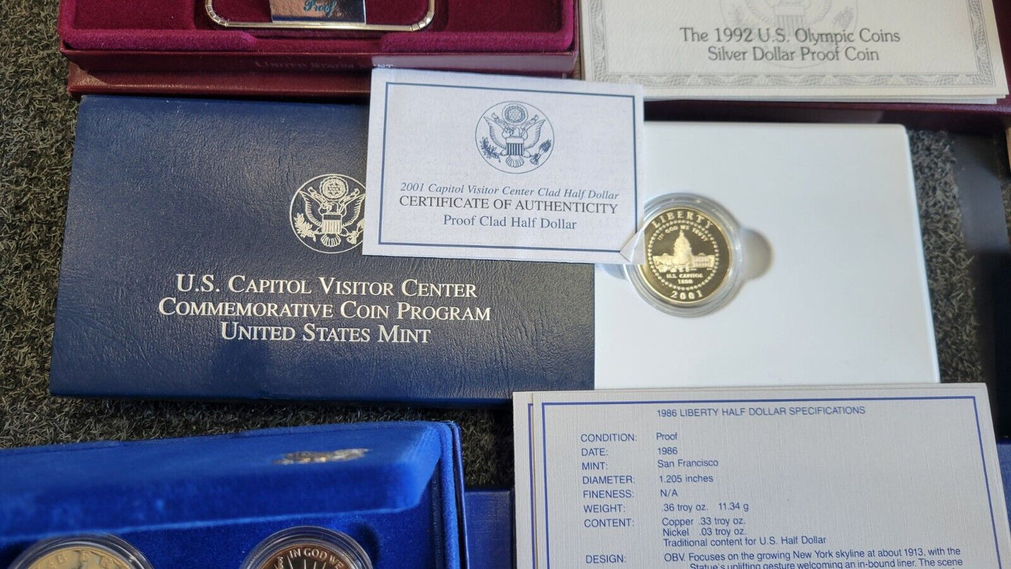 6 Commemorative US MINT Boxed Leif, Ellis, Capitol, Olympic, WWII 50TH, Rushmore