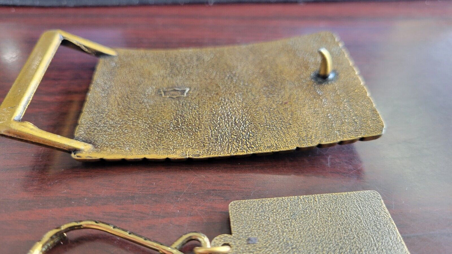 Brass American Eagle Spanned Wings & Mountains Belt Buckle and Key Chain Set