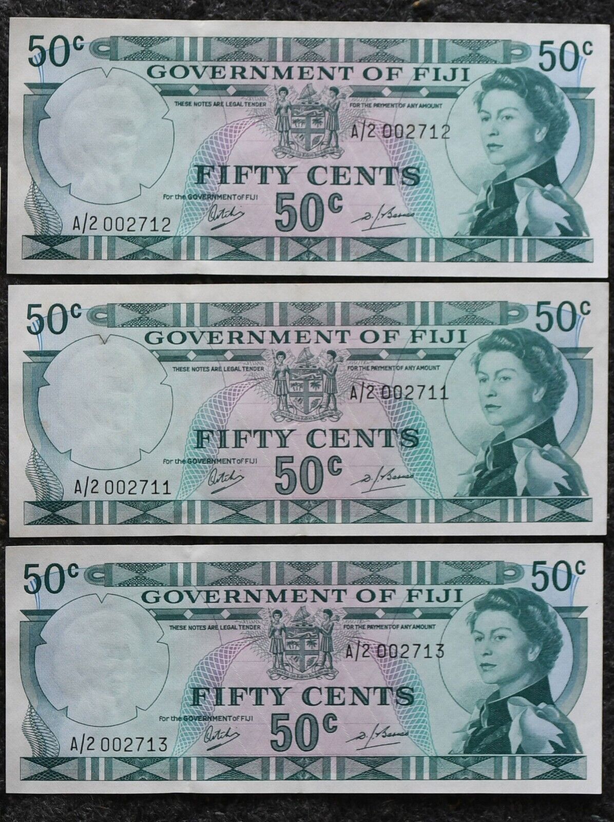 1969 Fiji 3 50c Fifty Cents Banknotes Sequential A/2 002711- 2713  AU
