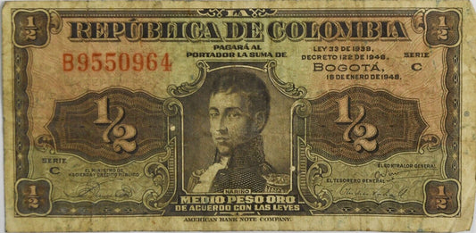 1948 Republic of Colombia Banknote 1/2 Half Peso B9550964