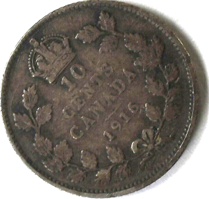 1916 Canada 10c Ten Cents Silver Coin Dime KM# 23