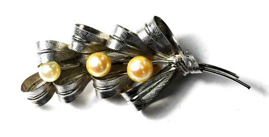 Sterling Silver DCE Curtis Pearl Lace Ribbon Brooch Pin 54mm x 23mm