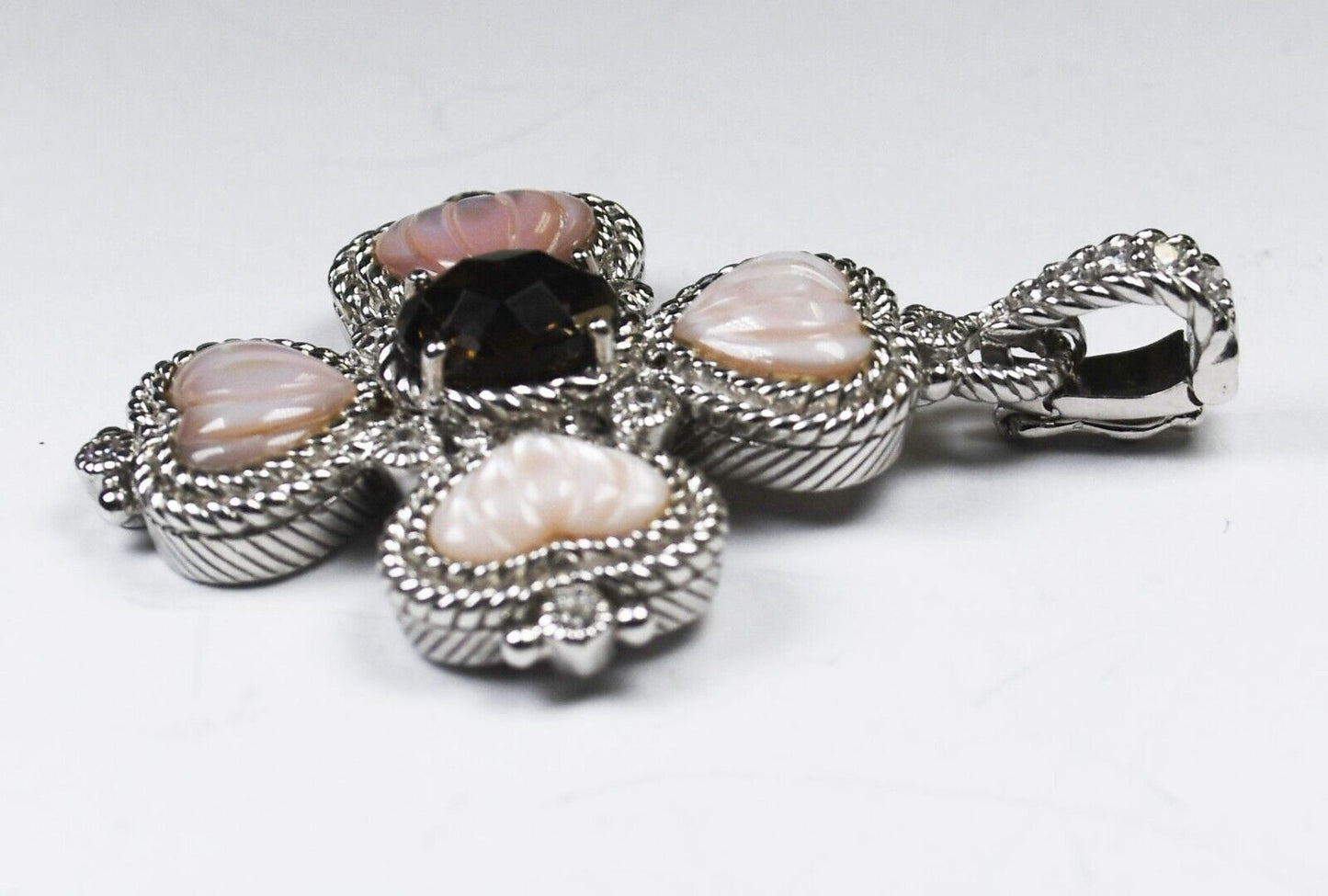 Sterling Judith Ripka MOP Heart Smoky Quartz Openable Clasp Pendant 48mm x 34mm