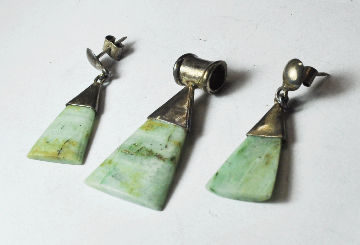 950 Silver Green Brown Jade Triangle Earrings & Slider 1-3/4" Pendant Set