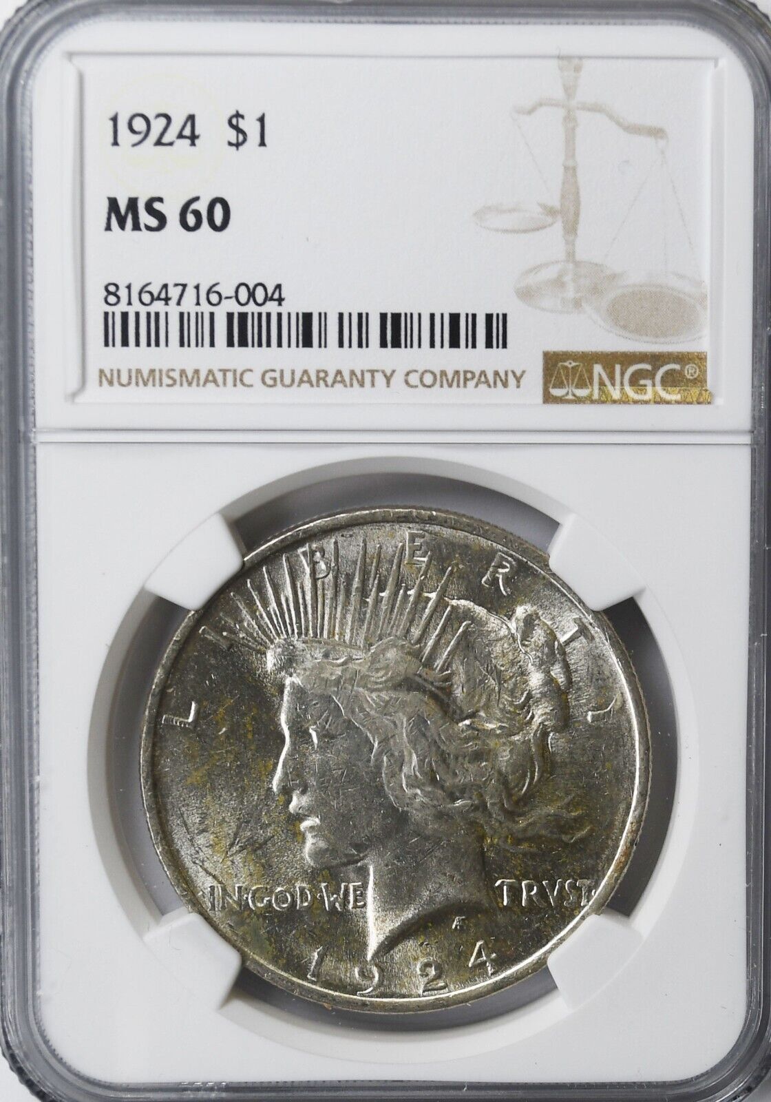 1924 $1 Peace Silver One Dollar US NGC MS60 Philadelphia